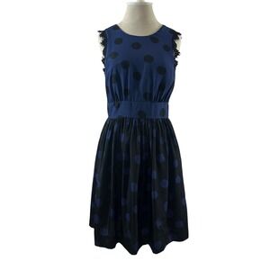 Corey Lynn Calter Womens Blue Black Polka Dot‎ Lace Trim V-Back Pocket Dress 6